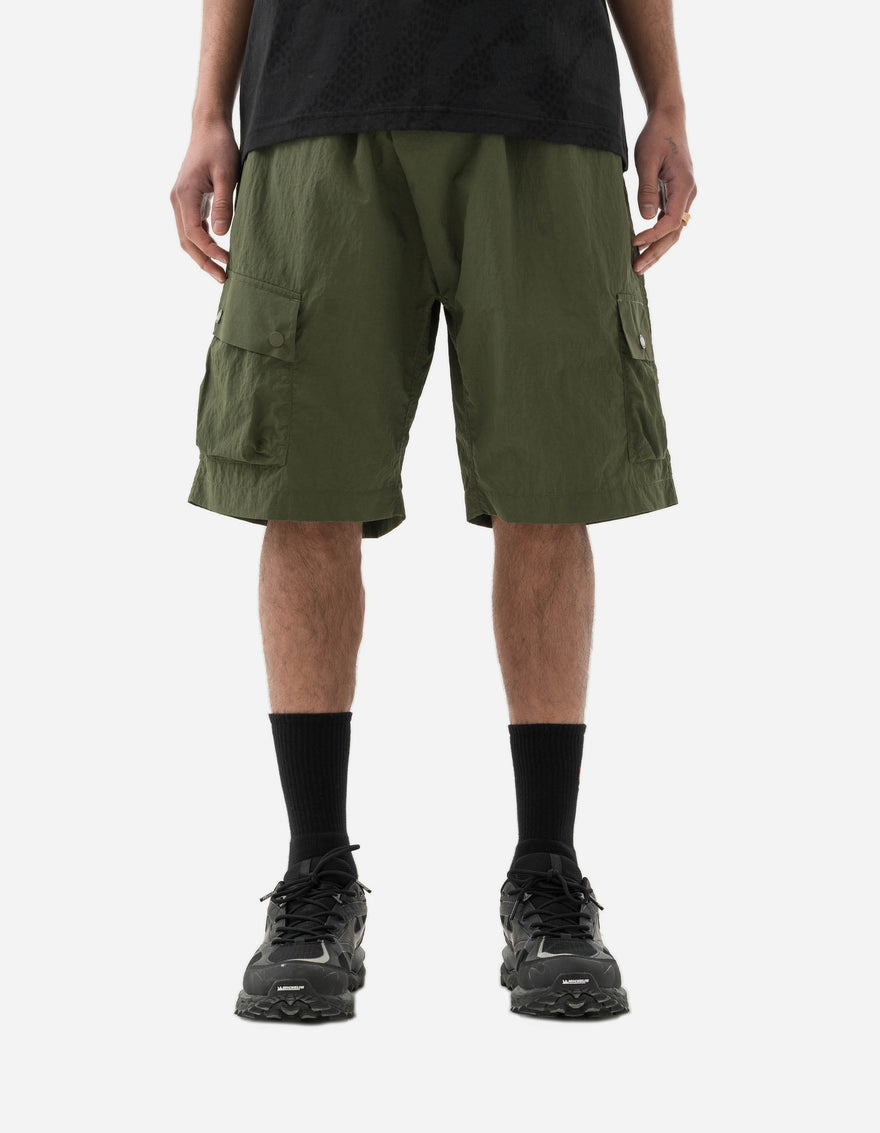 5041 Veg Dyed Asym Cargo Track Shorts Olive