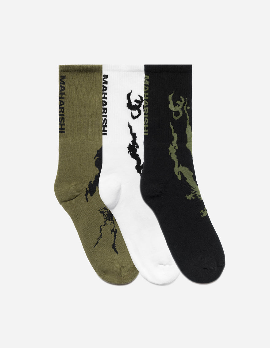 1402 Bonsai Dragon Sports Socks · 3 Pack Olive/Black/White